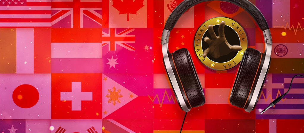Illustration of headphones with flags in the background